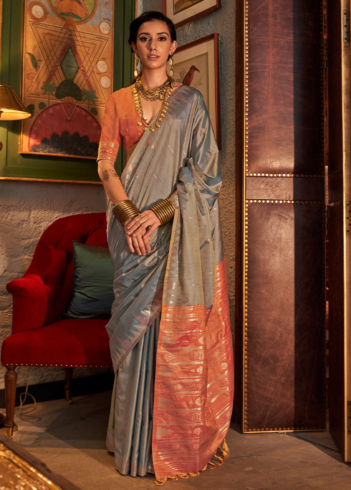 Grey Tussar Silk Saree With Blouse Piece