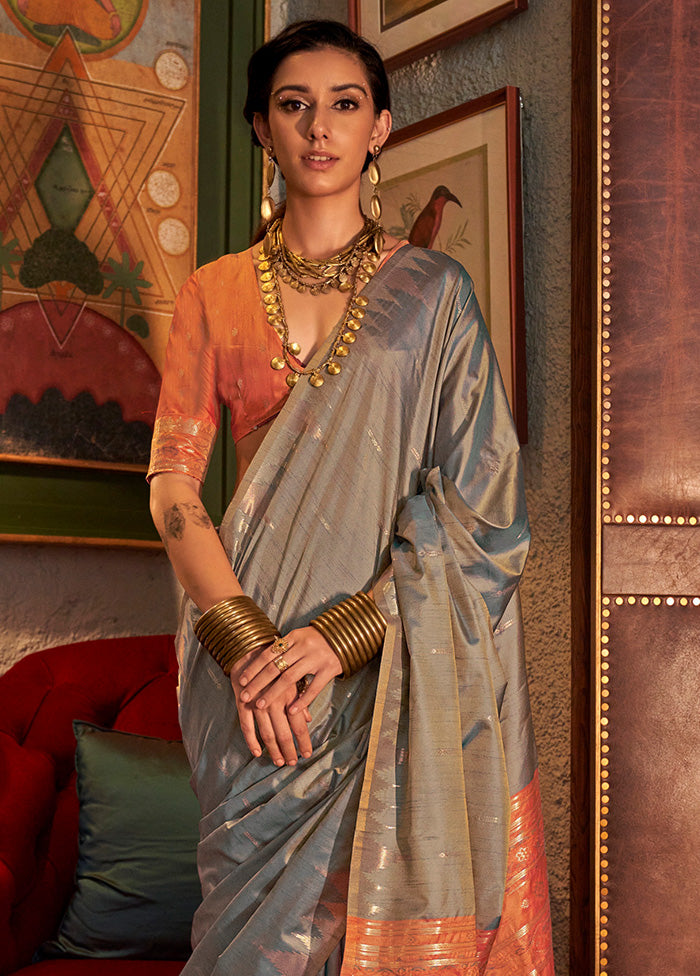 Grey Tussar Silk Saree With Blouse Piece