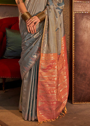 Grey Tussar Silk Saree With Blouse Piece