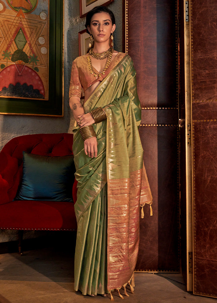 Green Tussar Silk Saree With Blouse Piece