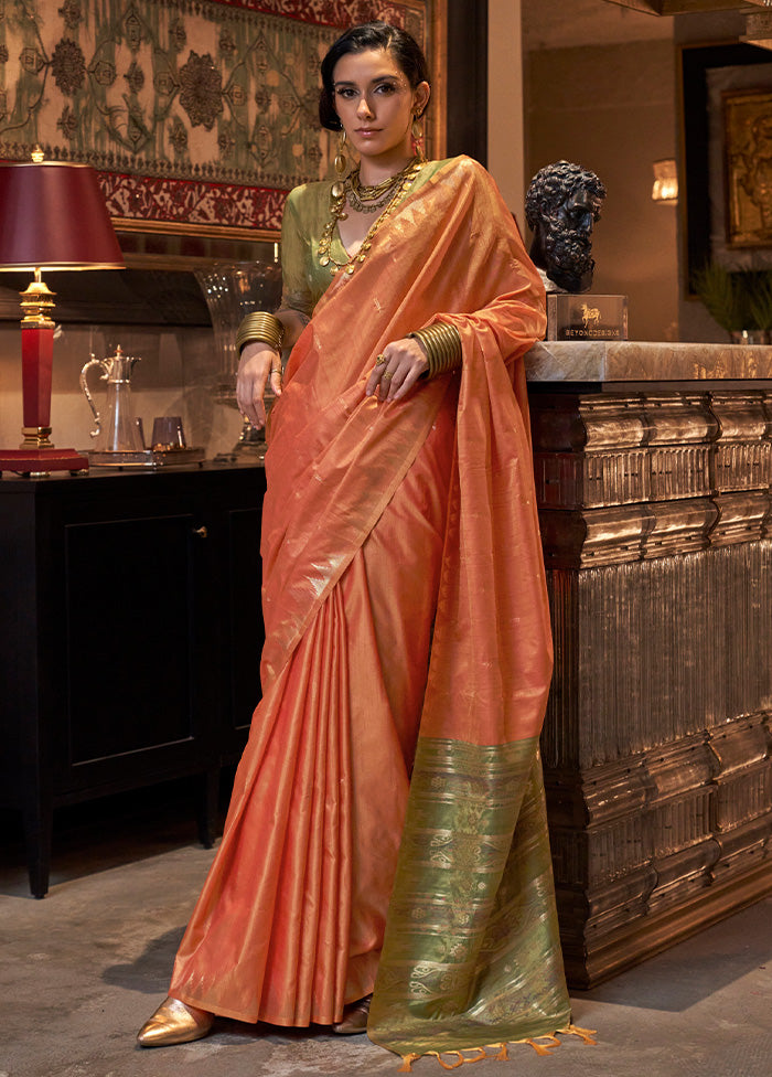 Dark Peach Tussar Silk Saree With Blouse Piece