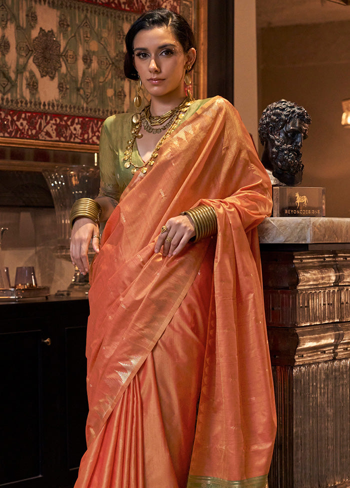 Dark Peach Tussar Silk Saree With Blouse Piece