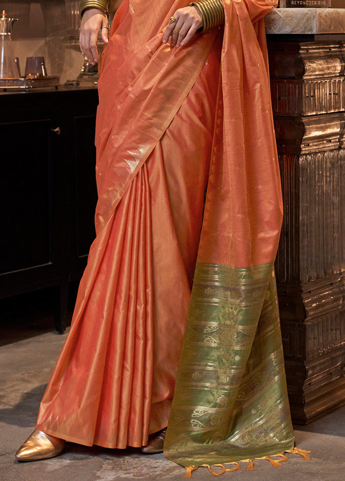 Dark Peach Tussar Silk Saree With Blouse Piece