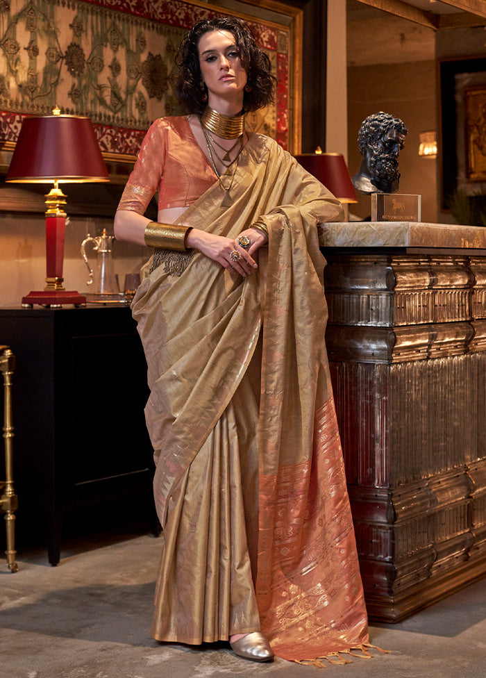 Beige Tussar Silk Saree With Blouse Piece