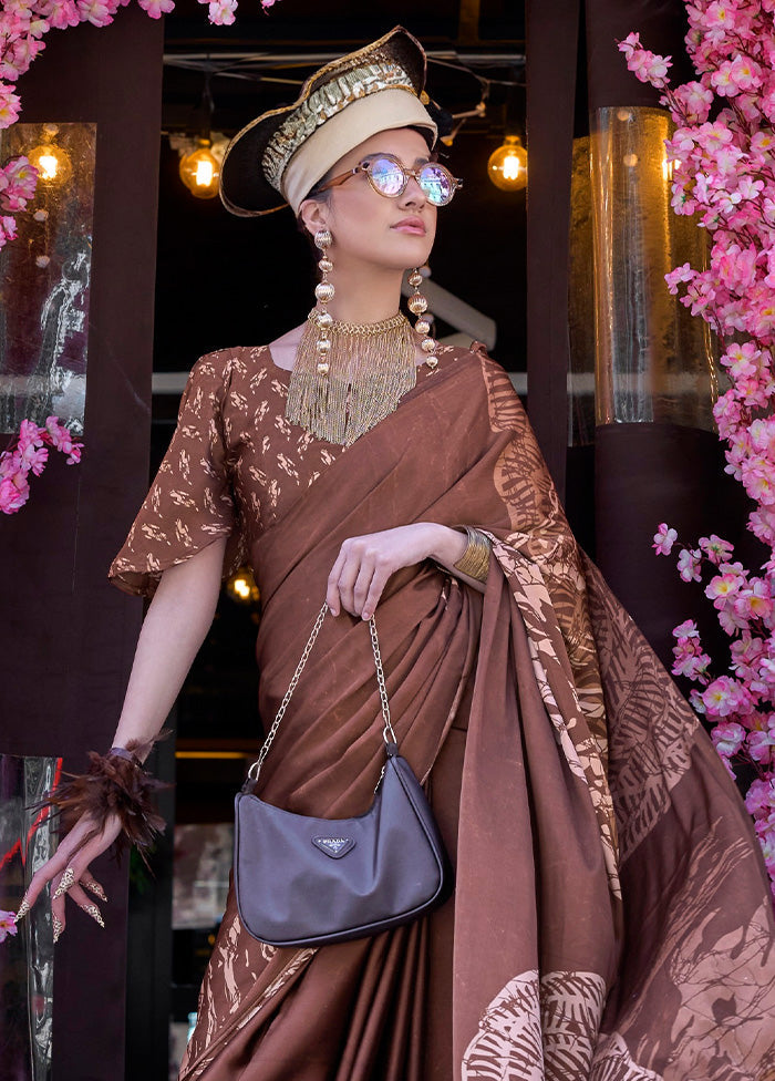 Brown Satin Silk Saree With Blouse Piece