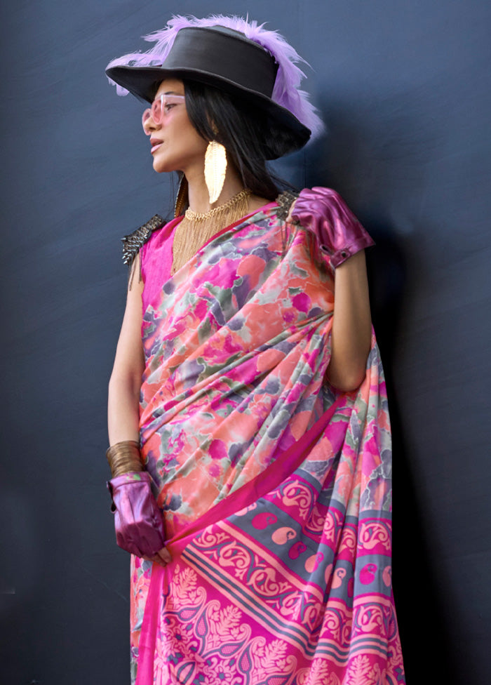 Multicolor Satin Silk Saree With Blouse Piece