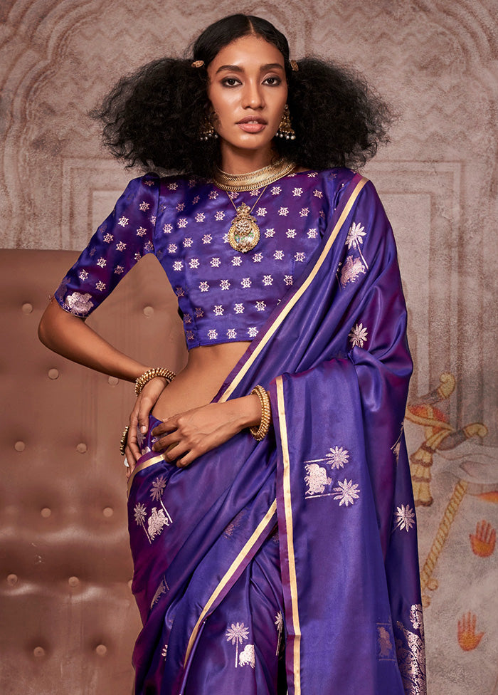 Dark Purple Satin Silk Saree With Blouse Piece