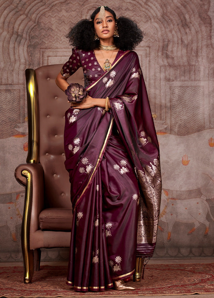 Wine Satin Silk Saree With Blouse Piece