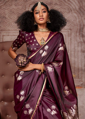 Wine Satin Silk Saree With Blouse Piece