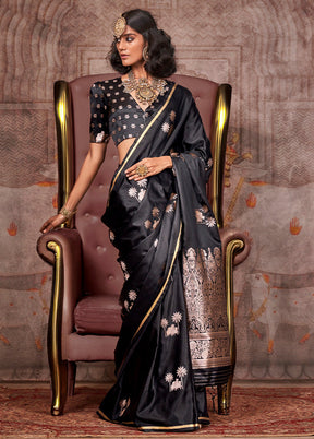 Black Satin Silk Saree With Blouse Piece