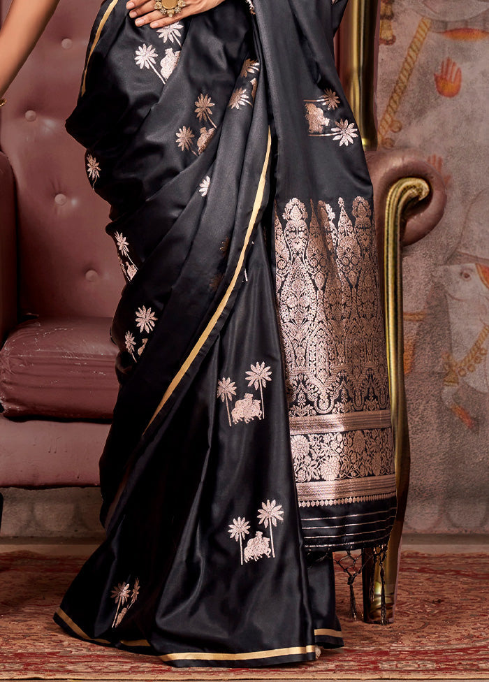 Black Satin Silk Saree With Blouse Piece