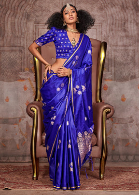 Blue Satin Silk Saree With Blouse Piece