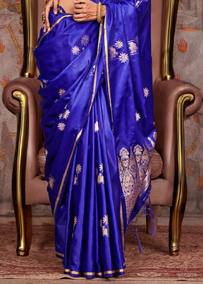 Blue Satin Silk Saree With Blouse Piece