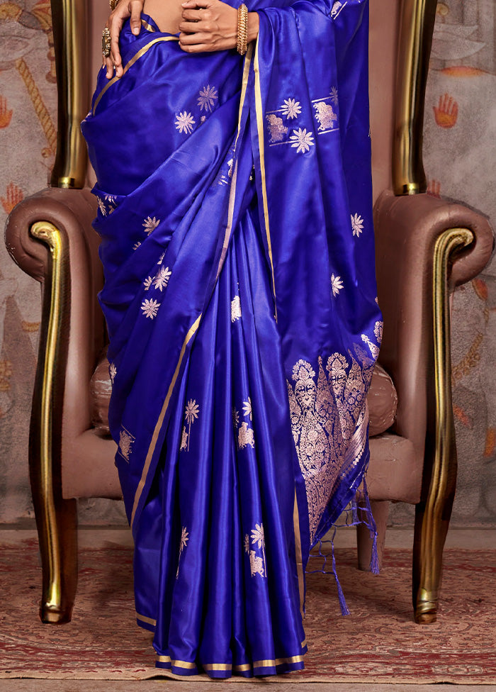 Blue Satin Silk Saree With Blouse Piece