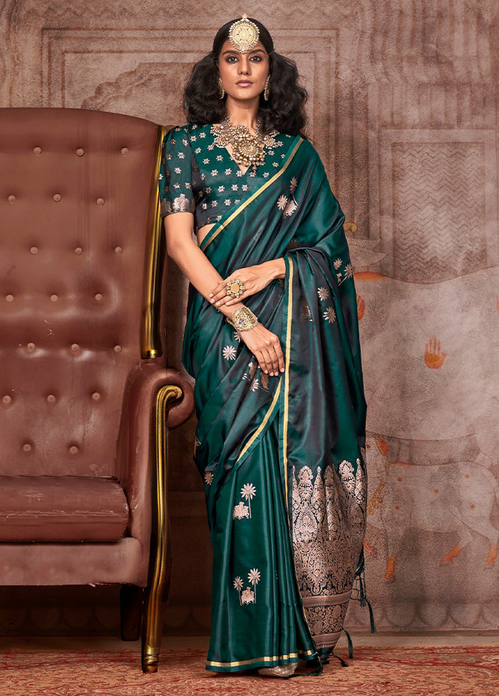 Green Satin Silk Saree With Blouse Piece