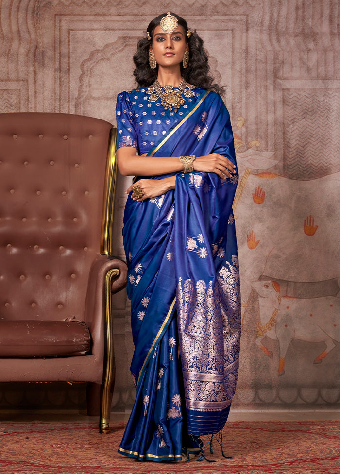 Blue Satin Silk Saree With Blouse Piece