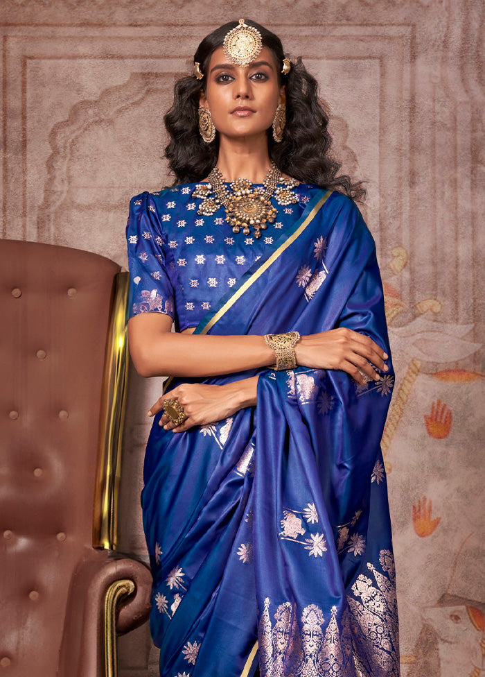 Blue Satin Silk Saree With Blouse Piece