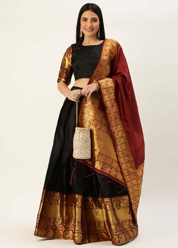 Black Silk Semi Stitched Lehenga Set