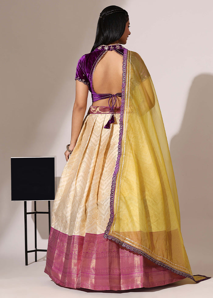 Cream Silk Semi Stitched Lehenga Set