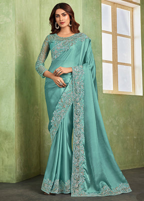 Sea Green Chiffon Silk Saree With Blouse Piece