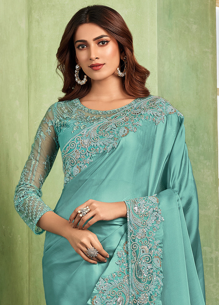 Sea Green Chiffon Silk Saree With Blouse Piece