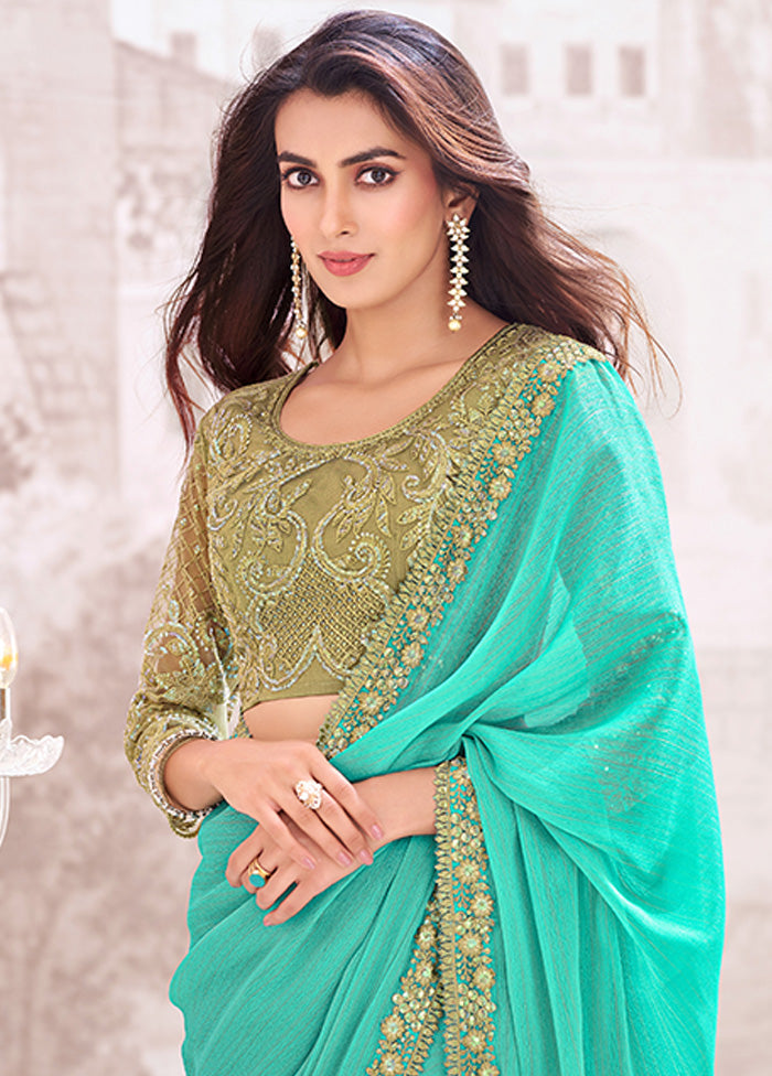 Turquoise Georgette Saree With Blouse Piece