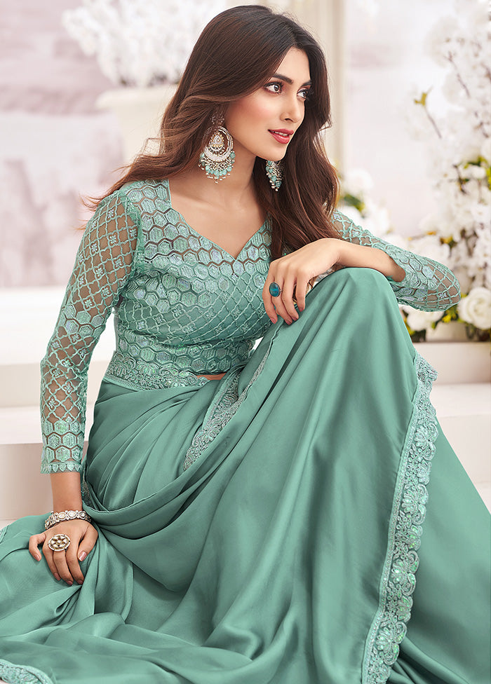 Teal Green Satin Silk Saree With Blouse Piece