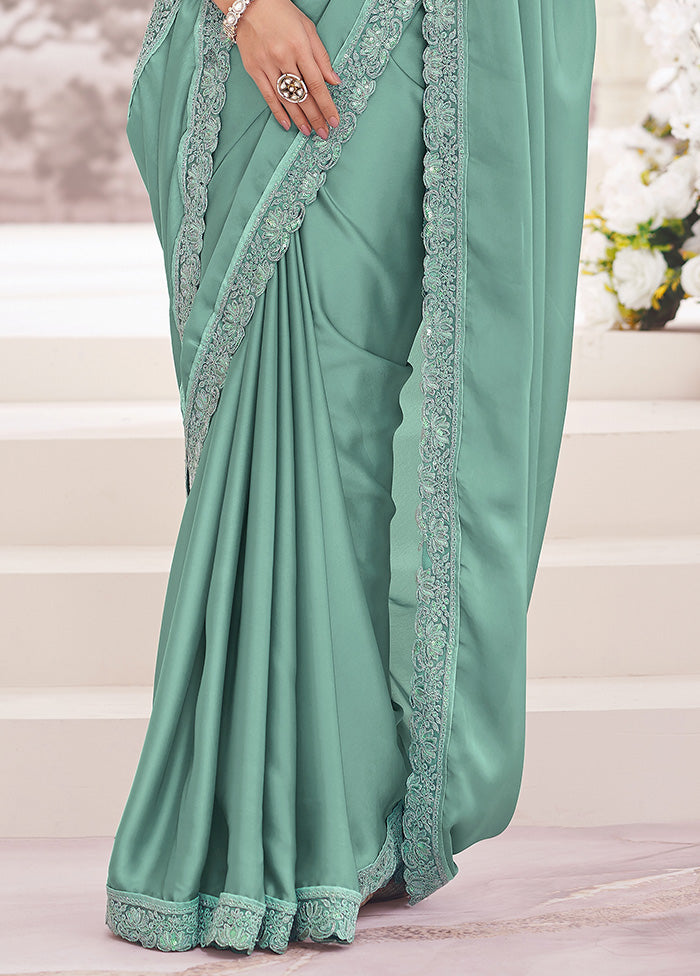 Teal Green Satin Silk Saree With Blouse Piece