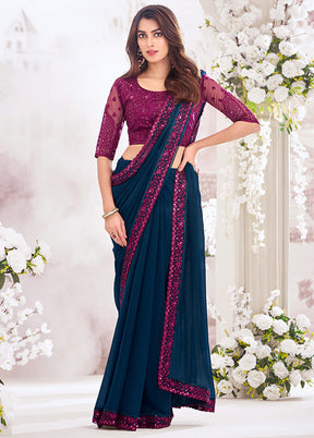 Navy Blue Chiffon Silk Saree With Blouse Piece