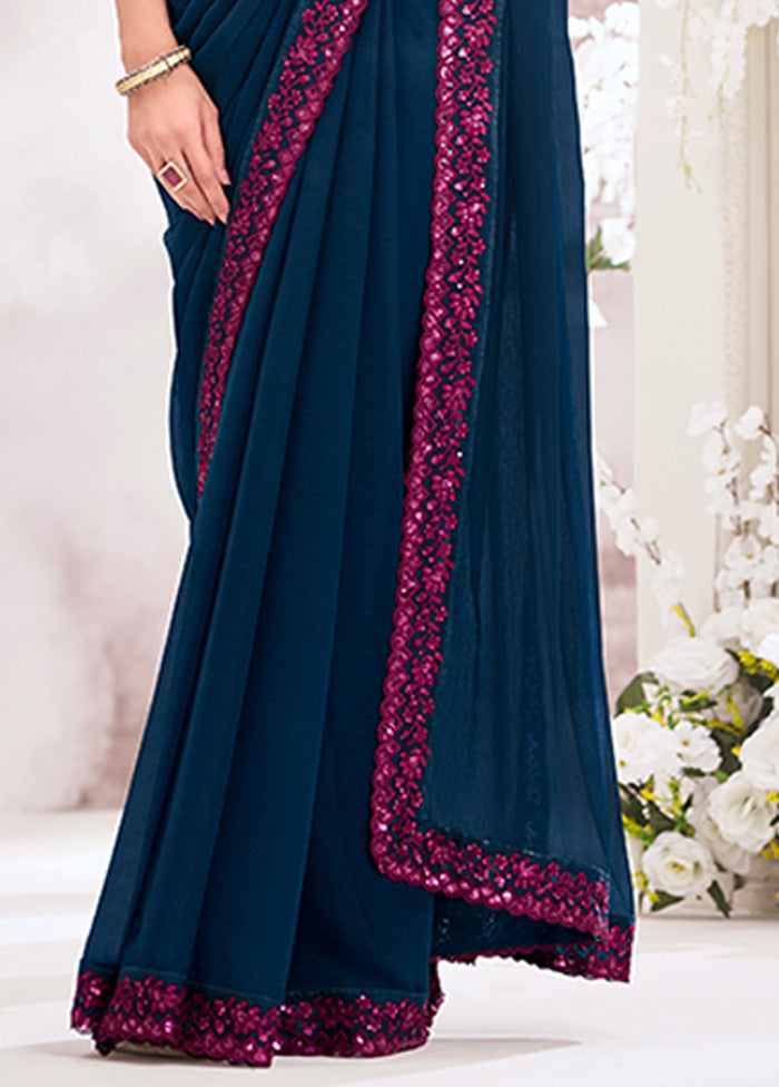 Navy Blue Chiffon Silk Saree With Blouse Piece