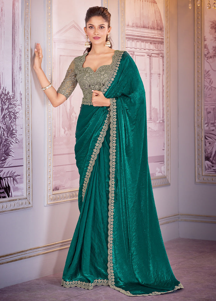 Green Satin Silk Saree With Blouse Piece