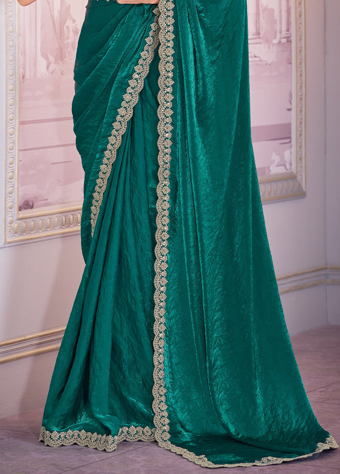 Green Satin Silk Saree With Blouse Piece