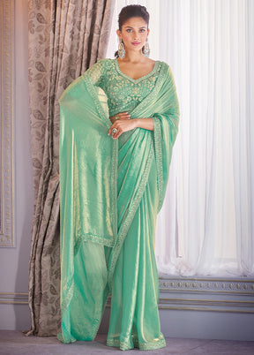 Green Satin Silk Saree With Blouse Piece