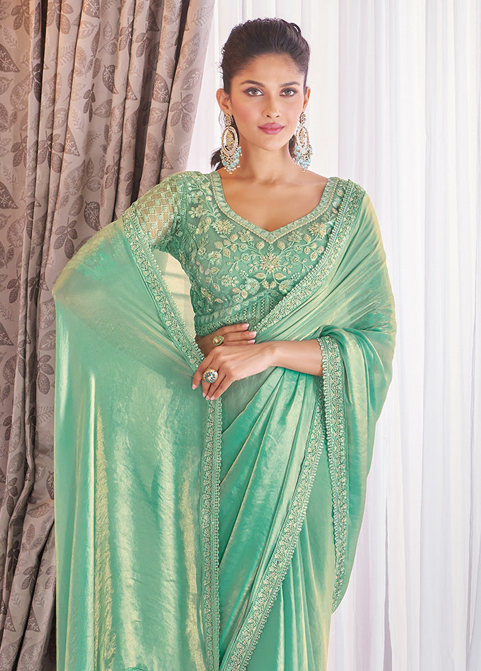 Green Satin Silk Saree With Blouse Piece