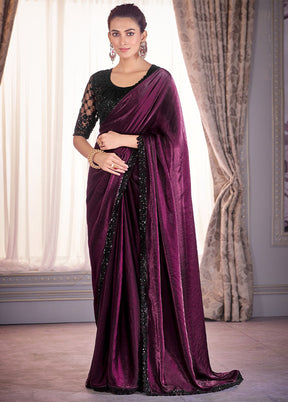 Wine Satin Silk Saree With Blouse Piece