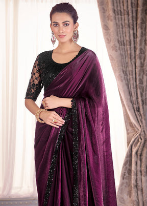 Wine Satin Silk Saree With Blouse Piece