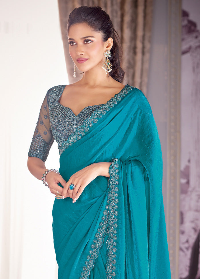 Sea Blue Satin Silk Saree With Blouse Piece