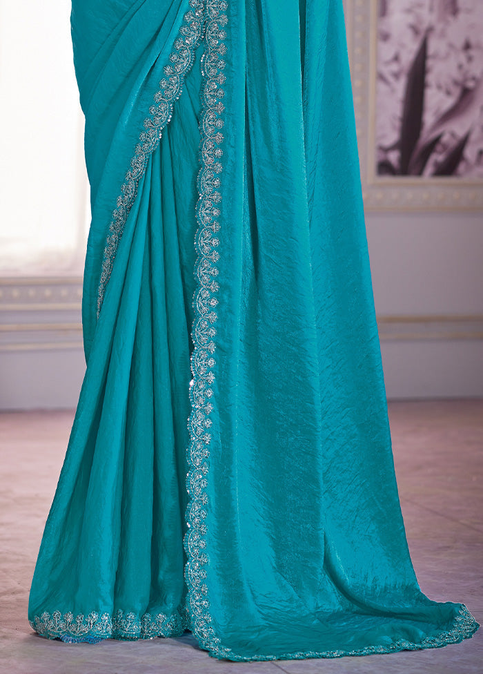 Sea Blue Satin Silk Saree With Blouse Piece