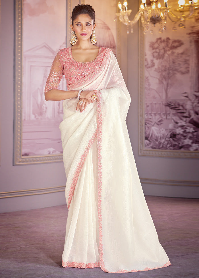 White Spun Silk Saree With Blouse Piece