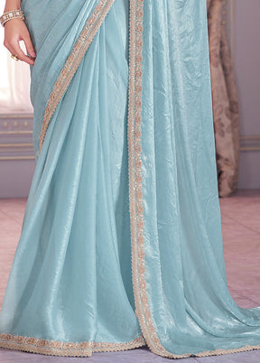 Turquoise Satin Silk Saree With Blouse Piece