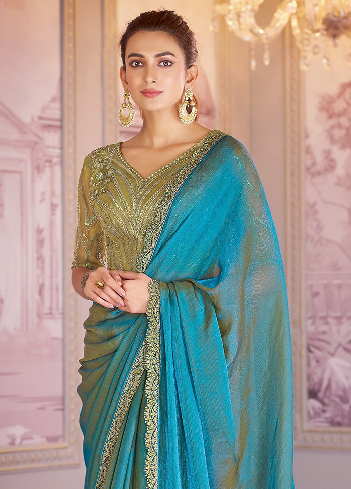 Blue Chiffon Silk Saree With Blouse Piece