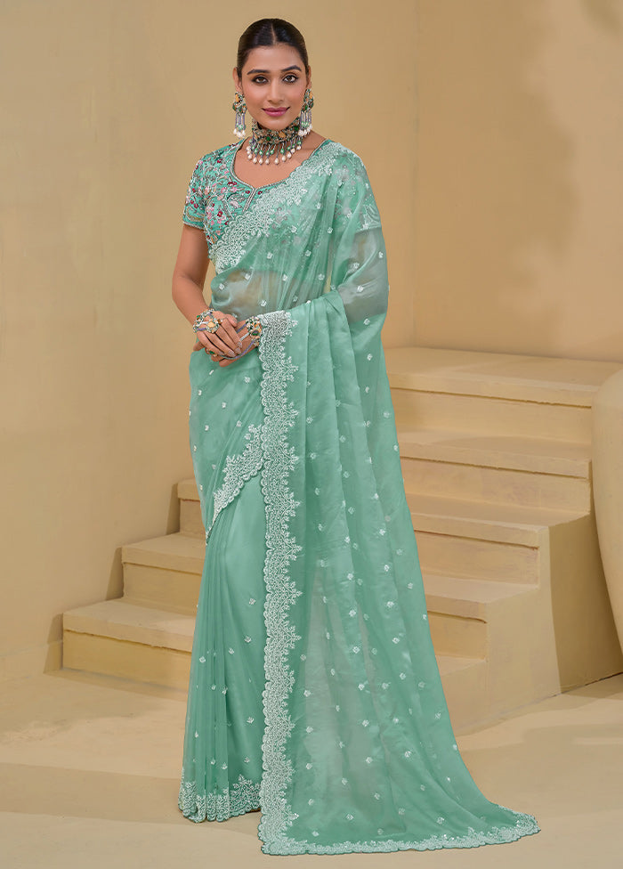 Sea Green Banarasi Pure Silk Saree With Blouse Piece