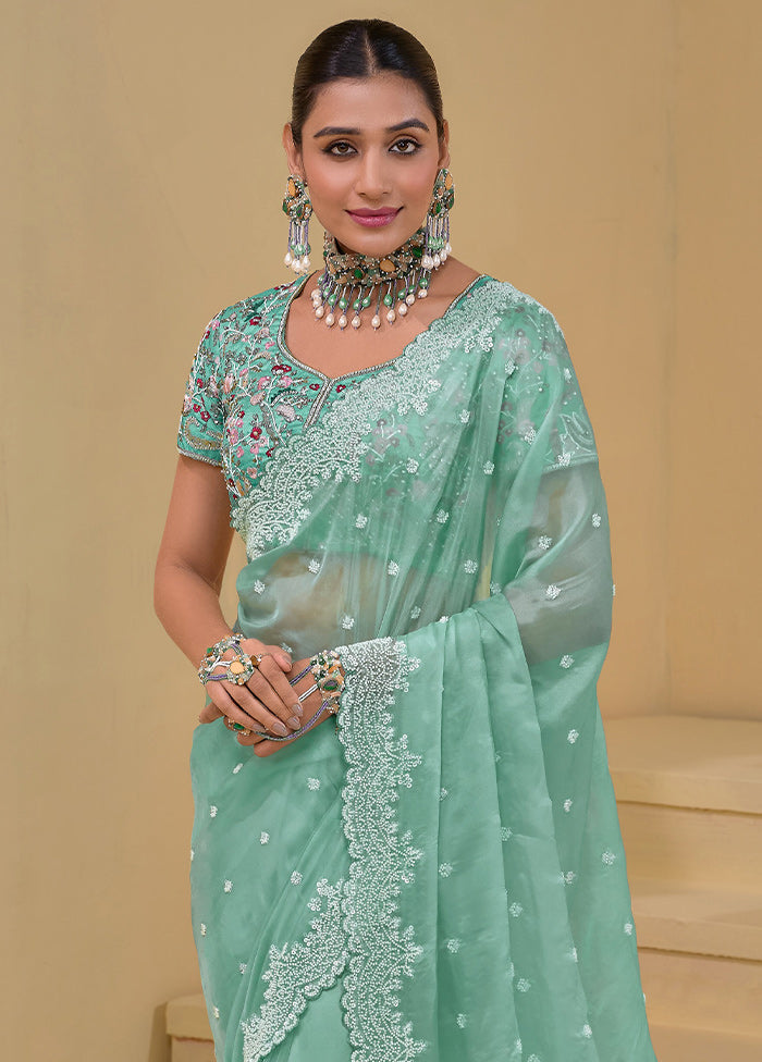 Sea Green Banarasi Pure Silk Saree With Blouse Piece