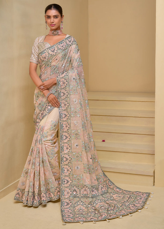 Cream Banarasi Pure Silk Saree With Blouse Piece