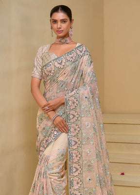 Cream Banarasi Pure Silk Saree With Blouse Piece