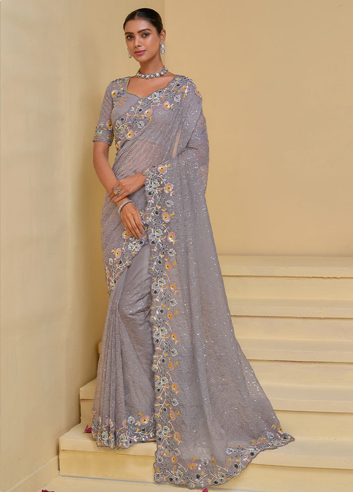 Grey Banarasi Pure Silk Saree With Blouse Piece