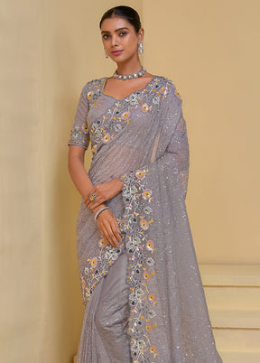 Grey Banarasi Pure Silk Saree With Blouse Piece