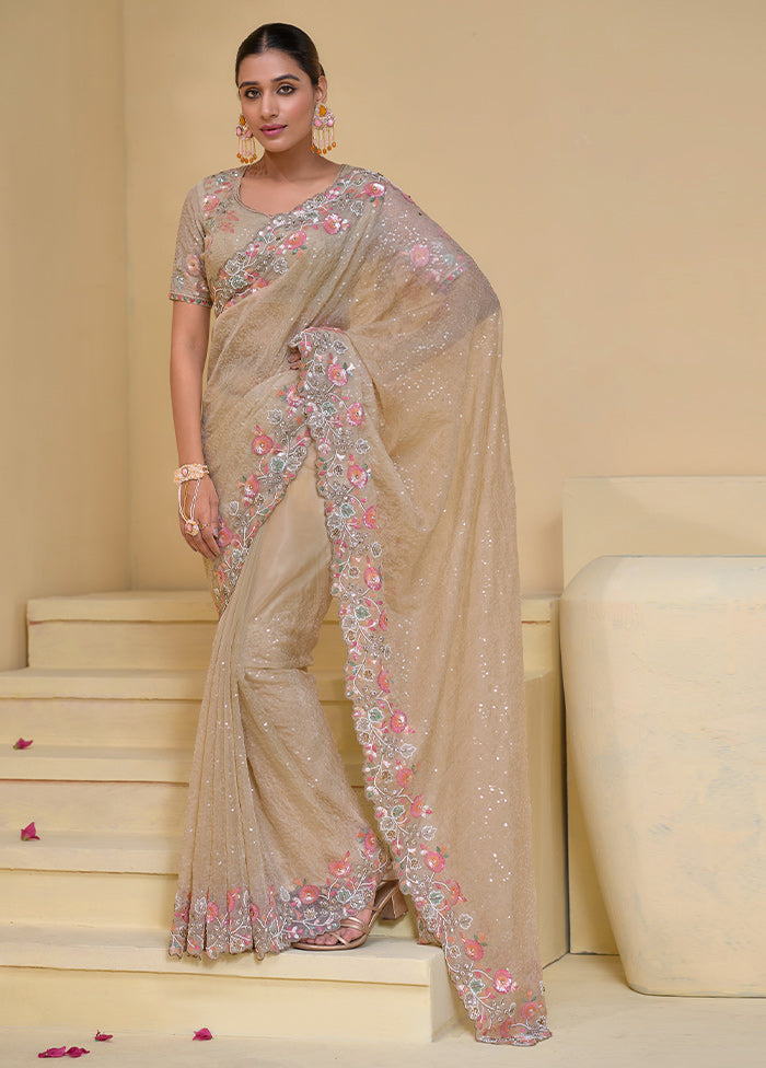 Cream Banarasi Pure Silk Saree With Blouse Piece