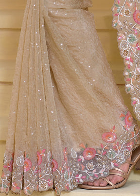 Cream Banarasi Pure Silk Saree With Blouse Piece