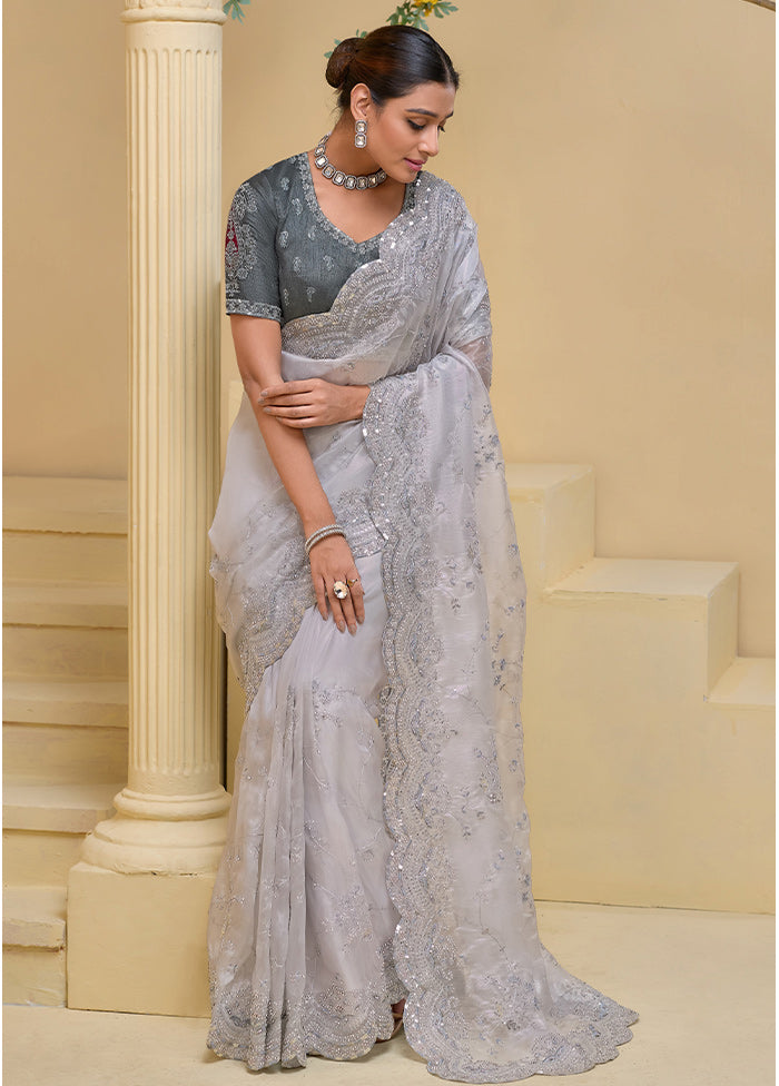 Grey Dupion Pure Silk Saree With Blouse Piece